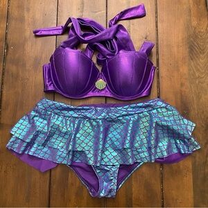 Disney Purple Little Mermaid Bikini Skirt Bottom Set Scales, scallop halter top